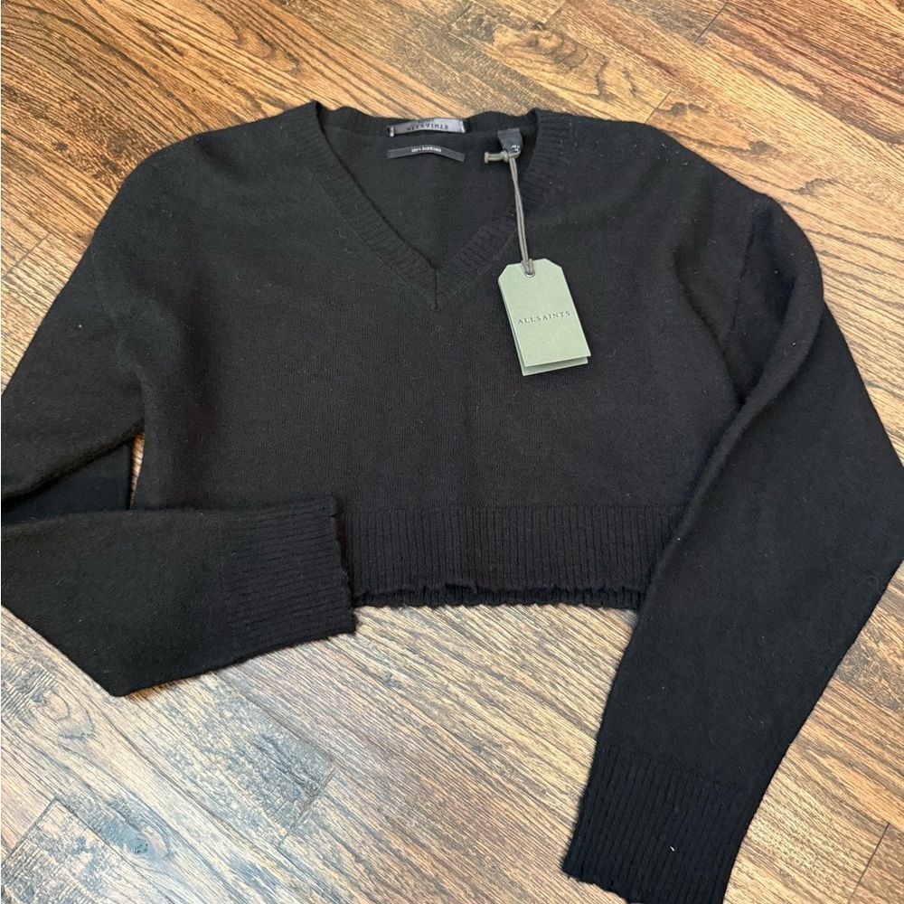All Saints  100% Merino Wool V Neck Cropped Knit Sweater Jumper Pullover
GG18